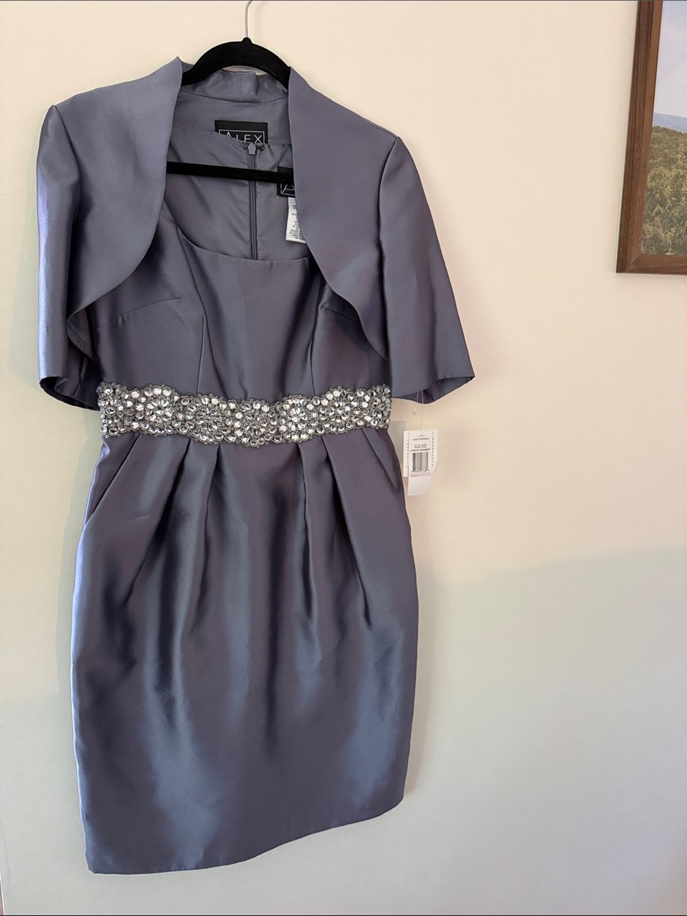 Alex Evenings Gray Satin Cocktail Dress with Beaded Waist and Bolero